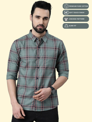 METRONAUT Men Checkered Casual Dark Green Shirt