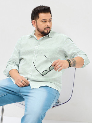 Urbano Plus Men Striped Casual Light Green Shirt