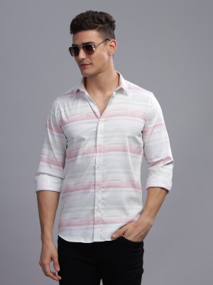 Paul Street Men Striped Casual White, Pink Shirt