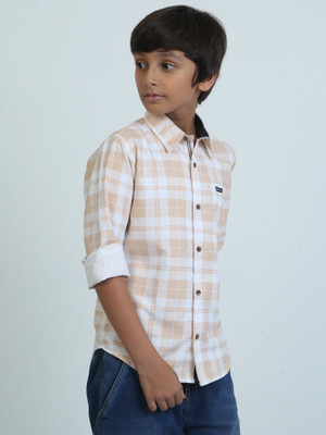 ROCKET SCIENCE Boys Checkered Casual Beige Shirt