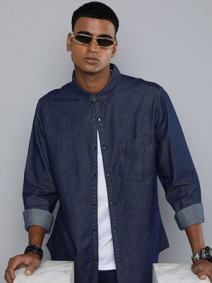 R.Code by The Roadster Life Co. Men Solid Casual Blue Shirt