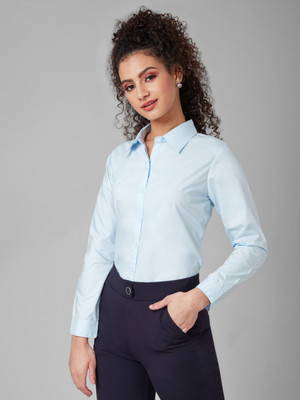 Style Quotient Women Solid Formal Light Blue Shirt