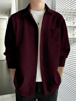 Fashionable Village Men Self Design Casual Maroon Shirt