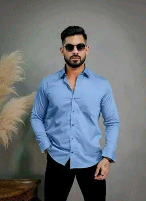 R Y Fashion Men Self Design Casual Light Blue Shirt