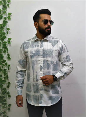 Burly Bloke Men Printed Casual Grey, White Shirt