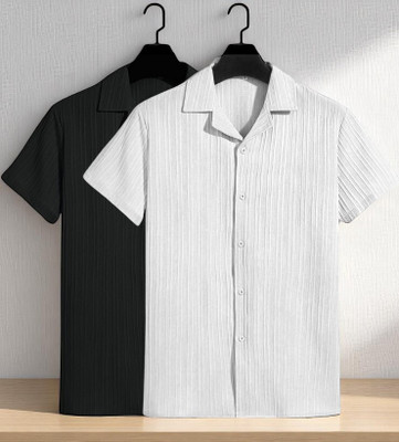 FUBACK Men Striped Casual Beige Shirt(Pack of 2)