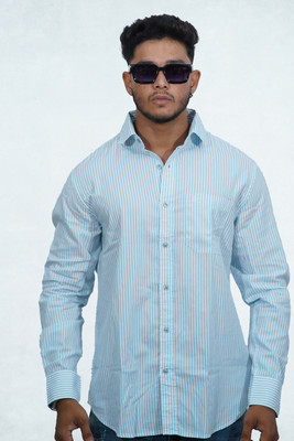 Hawk And Hounds Men Striped Casual Light Blue Shirt