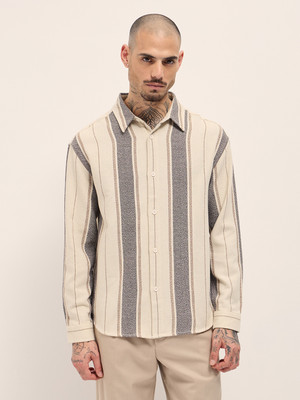 THE BEAR HOUSE Men Striped Casual Cream Shirt