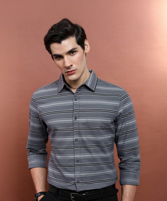 HIGHLANDER Men Striped Casual Grey Shirt