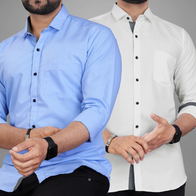 BROWEARS Men Solid Casual Light Blue, White Shirt(Pack of 2)