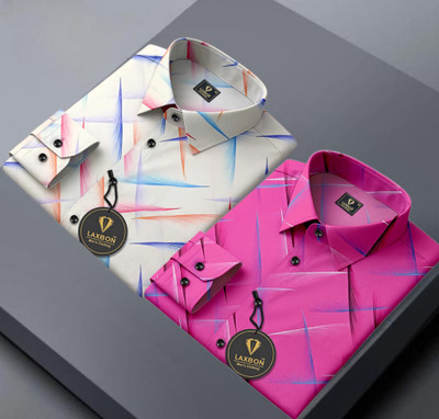 LAXBON Men Printed Casual White, Pink Shirt(Pack of 2)