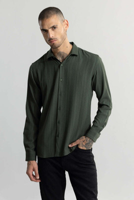 Snitch Men Striped Casual Dark Green, Black Shirt