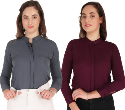 SHANAYA MODA Women Solid Casual Maroon, Grey Shirt(Pack of 2)