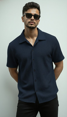 SEVENTEENSTITCH Men Solid, Self Design Casual Blue Shirt