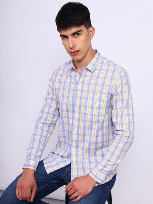 LEE Men Checkered Casual White, Light Blue, Yellow Shirt