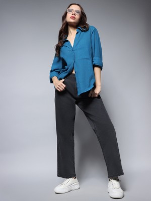 High Star Women Solid Casual Blue Shirt