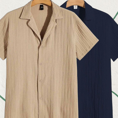 Looksky Men Self Design Casual Cream, Dark Blue Shirt(Pack of 2)