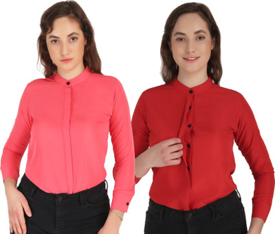Hunoor Women Solid Casual Pink, Red Shirt(Pack of 2)