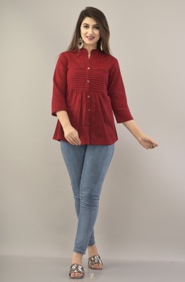 IQRAAR Women Self Design Casual Maroon Shirt