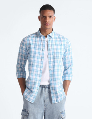 FLYING MACHINE Men Checkered Casual White, Light Blue Shirt