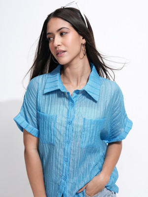 Tokyo Talkies Women Solid Casual Blue Shirt