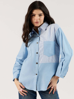 OUTZIDR Women Color Block Party Blue Shirt