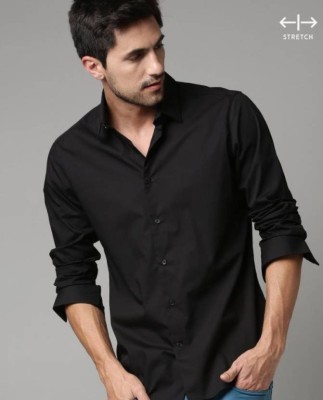 GLOREN Men Solid Casual Black Shirt