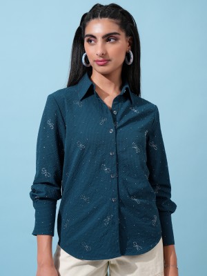 Tokyo Talkies Women Printed Casual Dark Blue, White Shirt