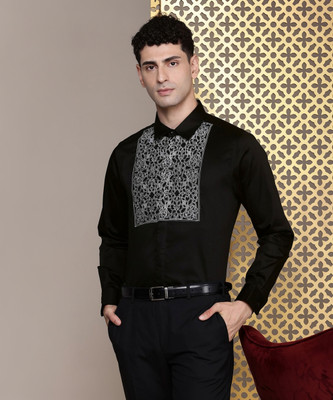 House of Pataudi Men Self Design Party Black Shirt