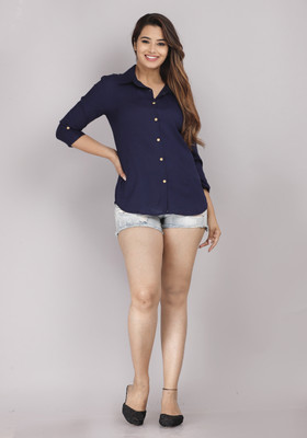 Demirner Women Solid Casual Blue Shirt