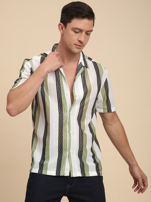 Voroxy Men Striped Casual Light Green Shirt