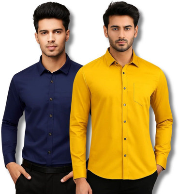 CROWNTAIL Men Solid Casual Dark Blue, Yellow Shirt(Pack of 2)