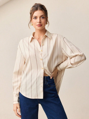 Aahwan Women Striped Casual Beige Shirt