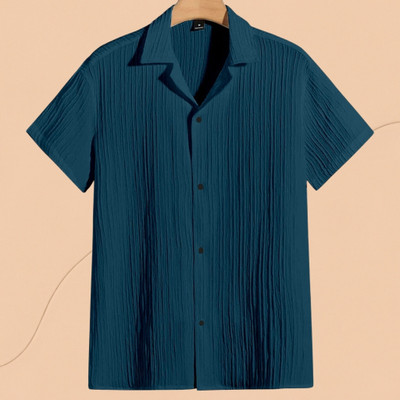 A DEEMOON TREND Men Self Design, Striped Casual Blue Shirt