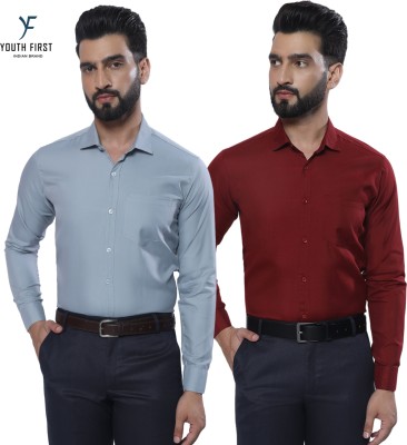 youth first Men Solid Formal Grey, Maroon Shirt(Pack of 2)