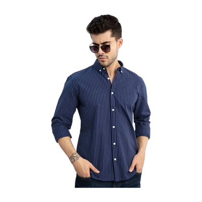 Snitch Men Striped Casual Dark Blue, White Shirt