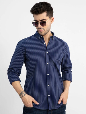 Snitch Men Striped Casual Dark Blue Shirt