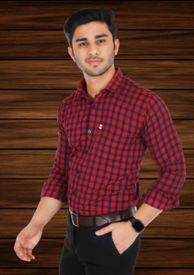 Arthz Fashion Trend Men Checkered Casual Red Shirt