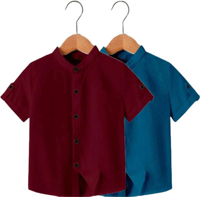 Zarila Boys Solid Casual Maroon, Dark Blue Shirt(Pack of 2)