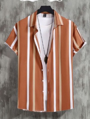 iCome Men Striped Casual Beige, White, Orange Shirt