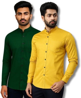 CROWNTAIL Men Solid Casual Green, Yellow Shirt(Pack of 2)