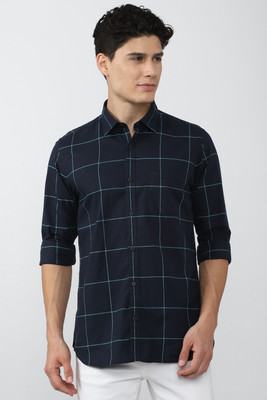 PETER ENGLAND Men Checkered Casual Dark Blue Shirt