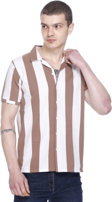 SANE Men Striped Casual White, Brown Shirt