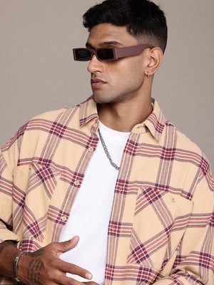 Roadster Men Checkered Casual Beige, Pink Shirt