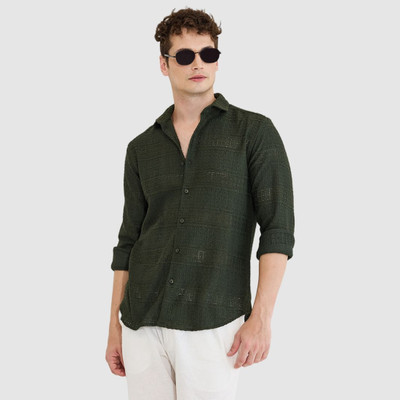 Snitch Men Self Design Casual Dark Green Shirt