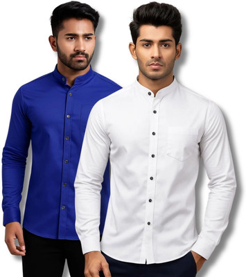 CROWNTAIL Men Solid Casual Dark Blue, White Shirt(Pack of 2)