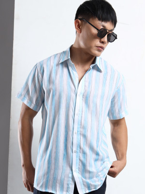 WHISQ Men Striped Casual Light Blue Shirt