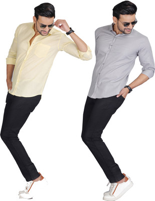 FAVNIC Men Solid Casual Yellow, Grey Shirt(Pack of 2)