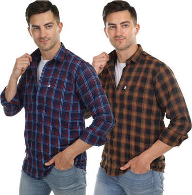 V K Creation Men Checkered Casual Blue, Brown Shirt