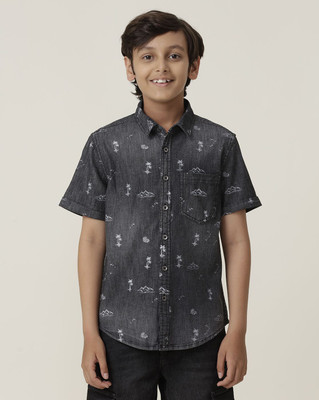 Under Fourteen Only Boys Self Design Casual Black Shirt